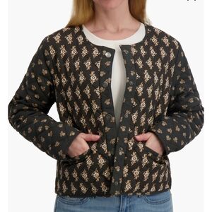 Lucky Brand Women's Black and Cream Floral Patterned Jacket Size Medium